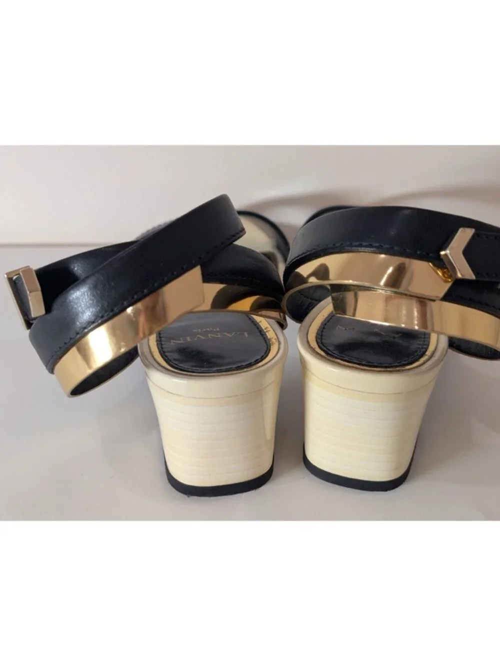 Lanvin Paris Mirror Cube Heel Sandal Black Gold Ivory, EU Size 38